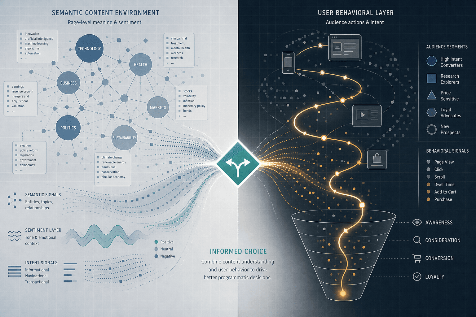 Split-panel editorial illustration showing two converging signal streams — a semantic content environment on the left and a behavioral user layer on the right — meeting at a central decision point.