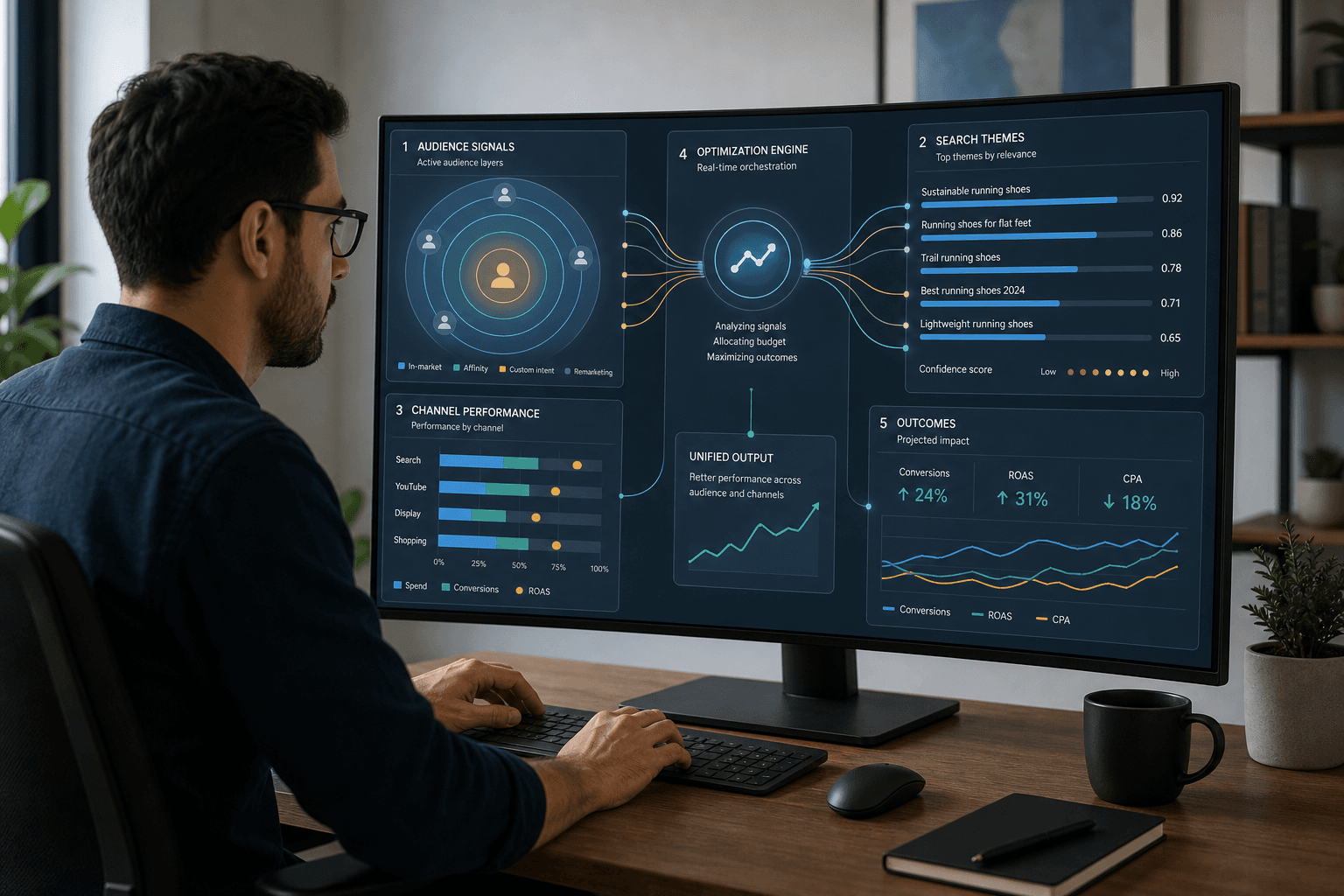 Marketer at a curved monitor displaying a multi-panel dashboard with audience signal layers, search theme performance bars, channel performance data, and a central optimization panel connecting all inputs.