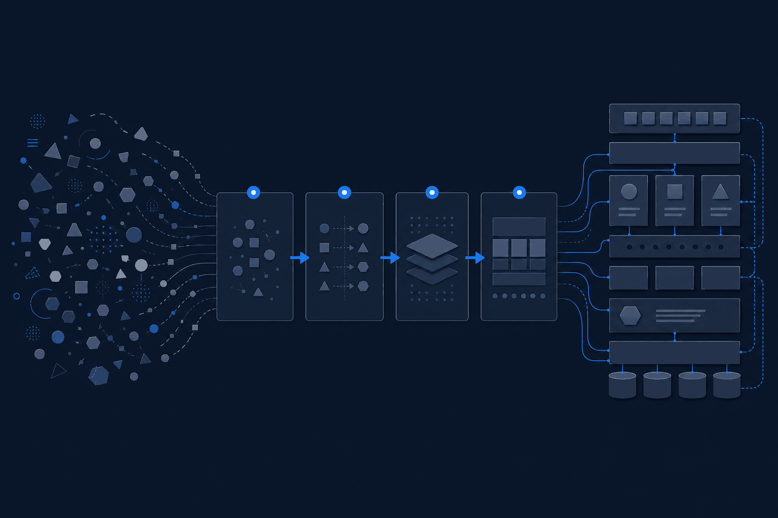Abstract illustration showing fragmented data nodes on the left transitioning into four organized phase zones connected by directional arrows on the right, representing the movement from scattered AI experimentation to structured execution.