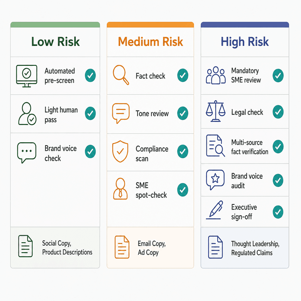 Three-column tiered review checklist showing Low Risk, Medium Risk, and High Risk review steps with corresponding content types at the base of each column.