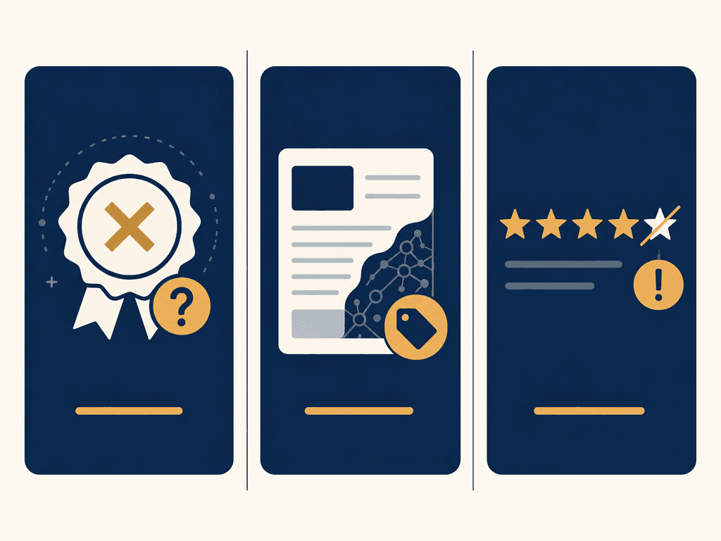 Three panels representing the three FTC AI risk areas: AI capability claims, AI-generated content disclosure, and AI-generated fake reviews