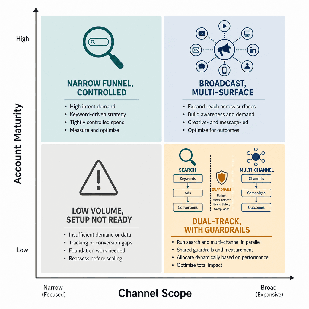 2x2 decision matrix showing four campaign strategy quadrants mapped to channel scope and account maturity axes.