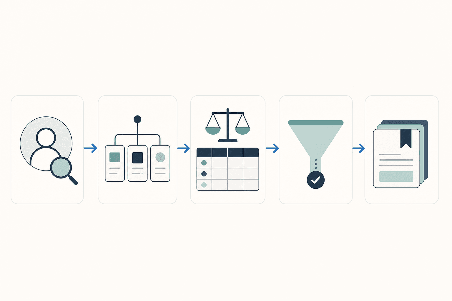 Five horizontally connected cards representing the five playbook stages: persona research, variant generation, test structure, B2B metric analysis, and creative intelligence log.