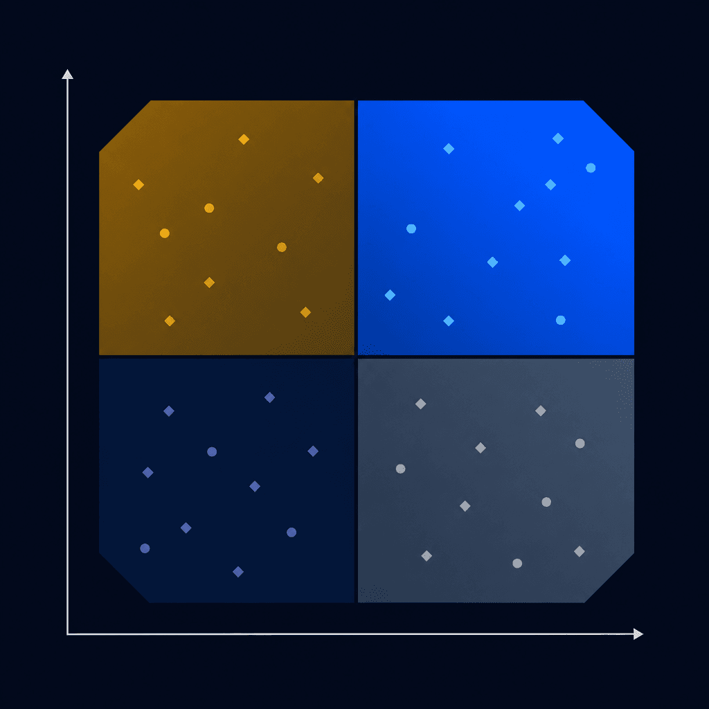 Abstract 2x2 matrix with four quadrants: top-right highlighted in electric blue representing high-impact high-readiness use cases, top-left in amber representing high-impact low-readiness, bottom-right in slate for low-impact high-readiness, and bottom-left in dark navy for low-impact low-readiness.