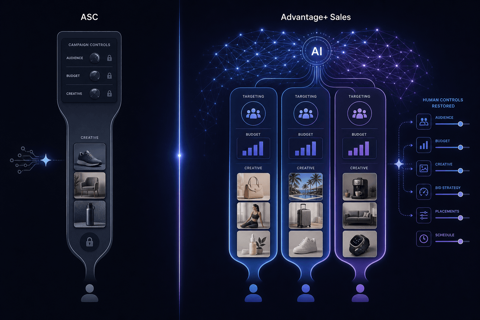 Split editorial illustration comparing ASC single-lane constrained architecture on the left with Advantage+ Sales multi-lane AI-powered structure on the right