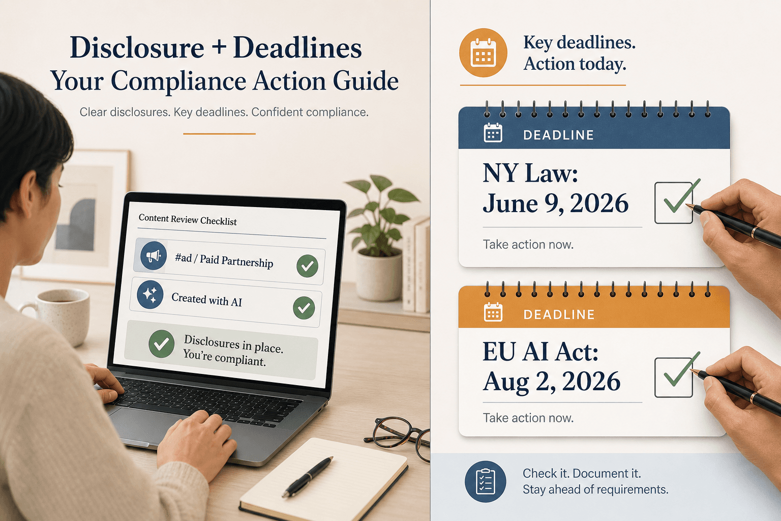 Split-panel illustration showing a marketing professional reviewing compliant disclosure labels on a laptop alongside two deadline calendar cards for NY Law June 9 2026 and EU AI Act August 2 2026