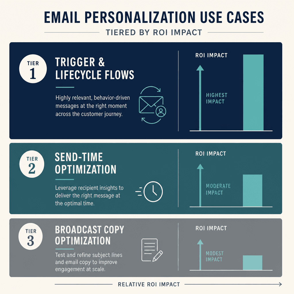 Three-tier diagram showing descending performance levels for email personalization use cases, with trigger flows at top, send-time optimization in the middle, and broadcast copy optimization at the bottom.