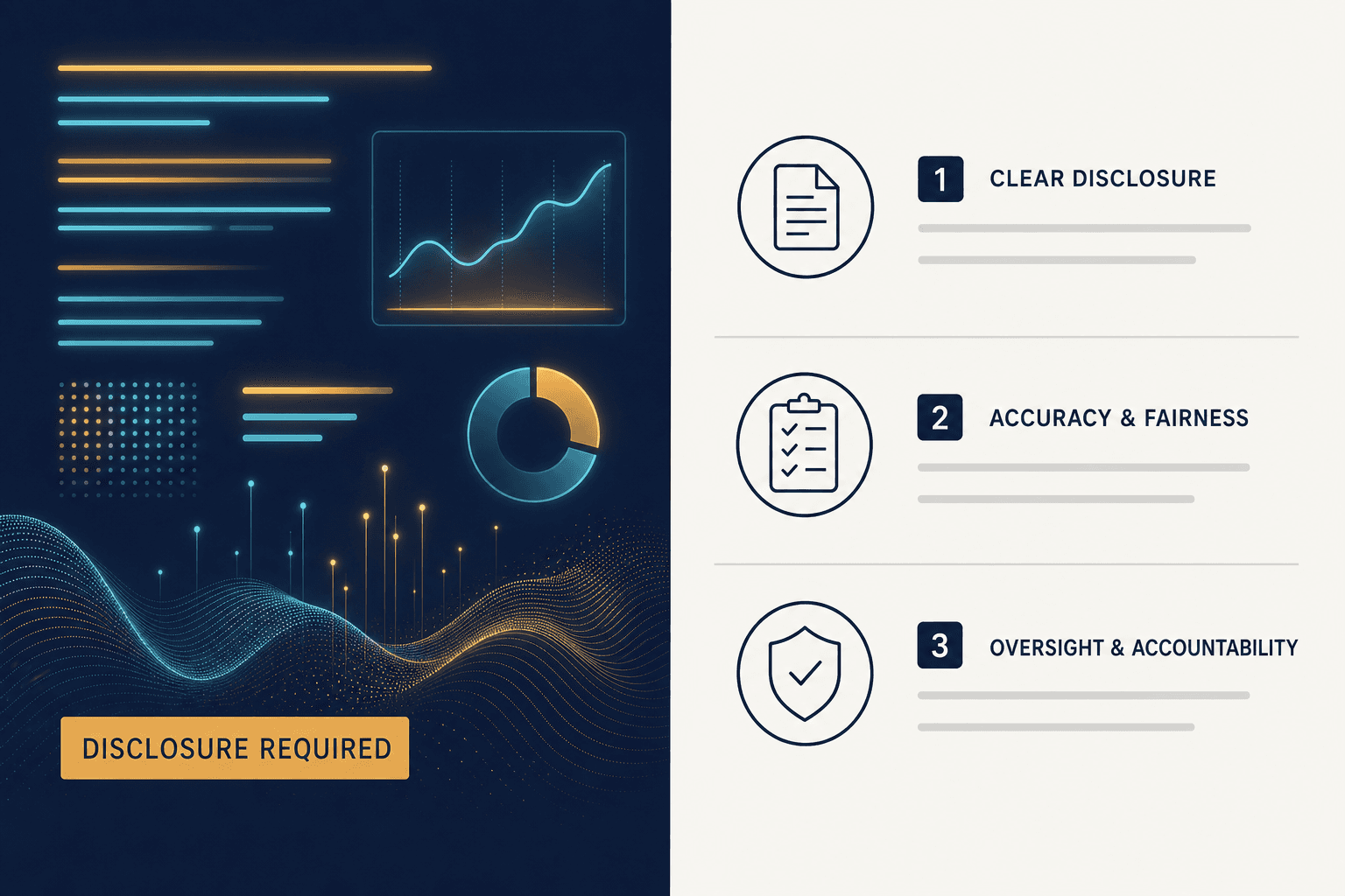 Split-composition illustration showing AI-generated marketing content on the left with a disclosure required label, and a structured compliance checklist on the right