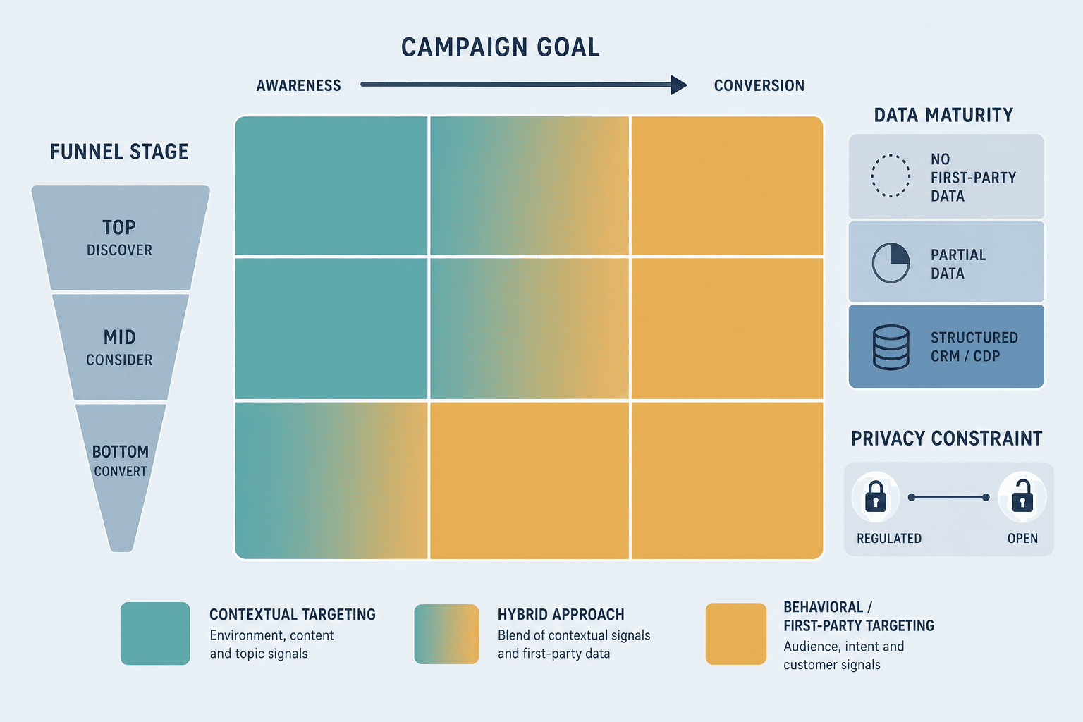 Decision matrix diagram showing targeting approach recommendations mapped across campaign goal, funnel stage, data maturity, and privacy constraint dimensions — color-coded by contextual, behavioral, and hybrid approaches.