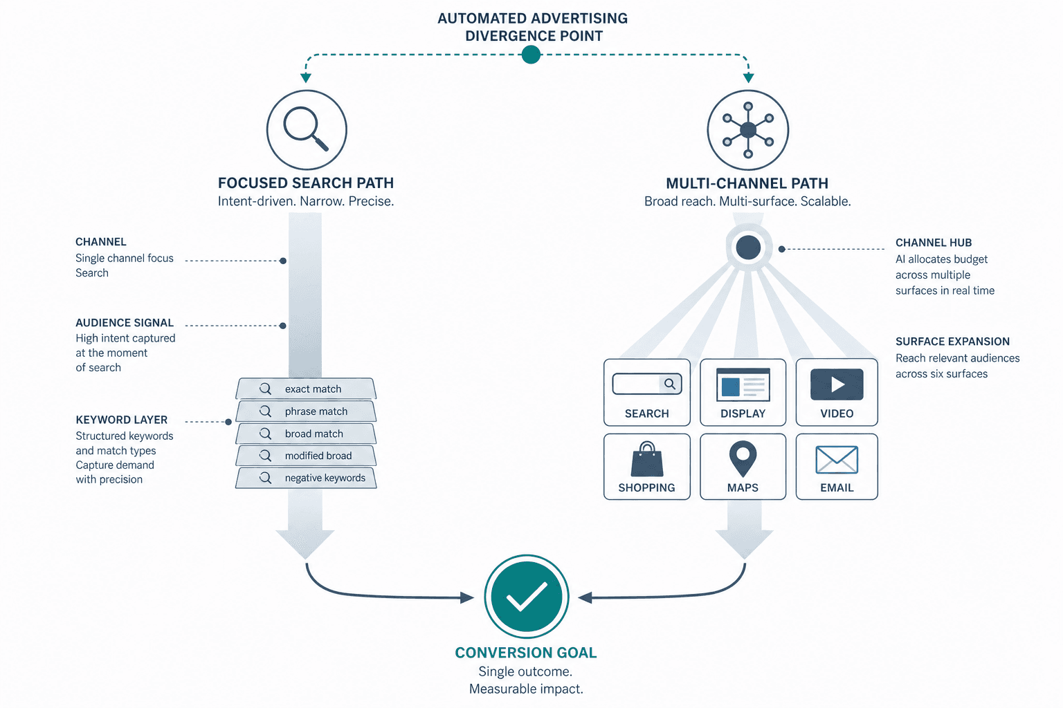 Split-path diagram showing AI Max for Search on the left as a narrow, intent-focused search funnel and Performance Max on the right as a multi-channel hub radiating to six surfaces, both converging at a shared conversion goal.