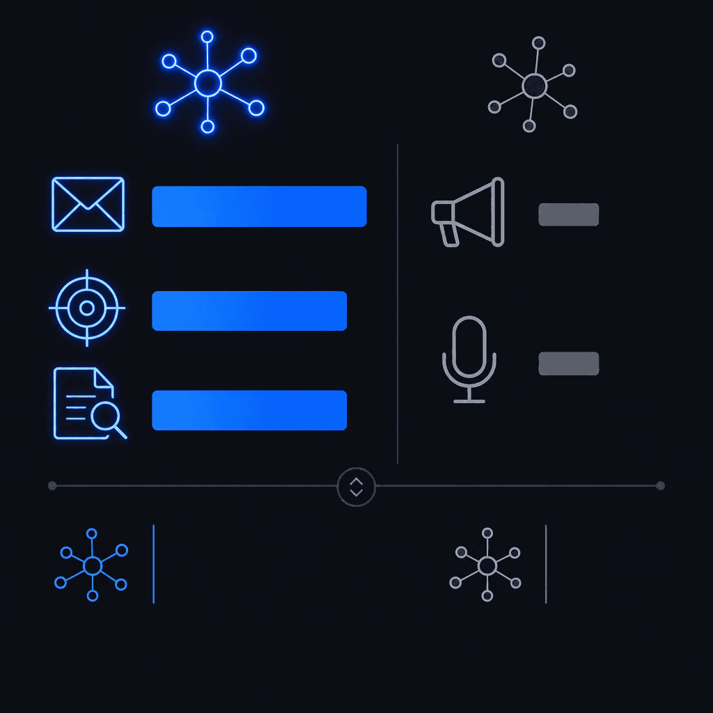 An editorial diagram contrasting high-AI-leverage channels (email, ABM, content) with supplementary-impact channels (programmatic, podcast) using bar indicators.