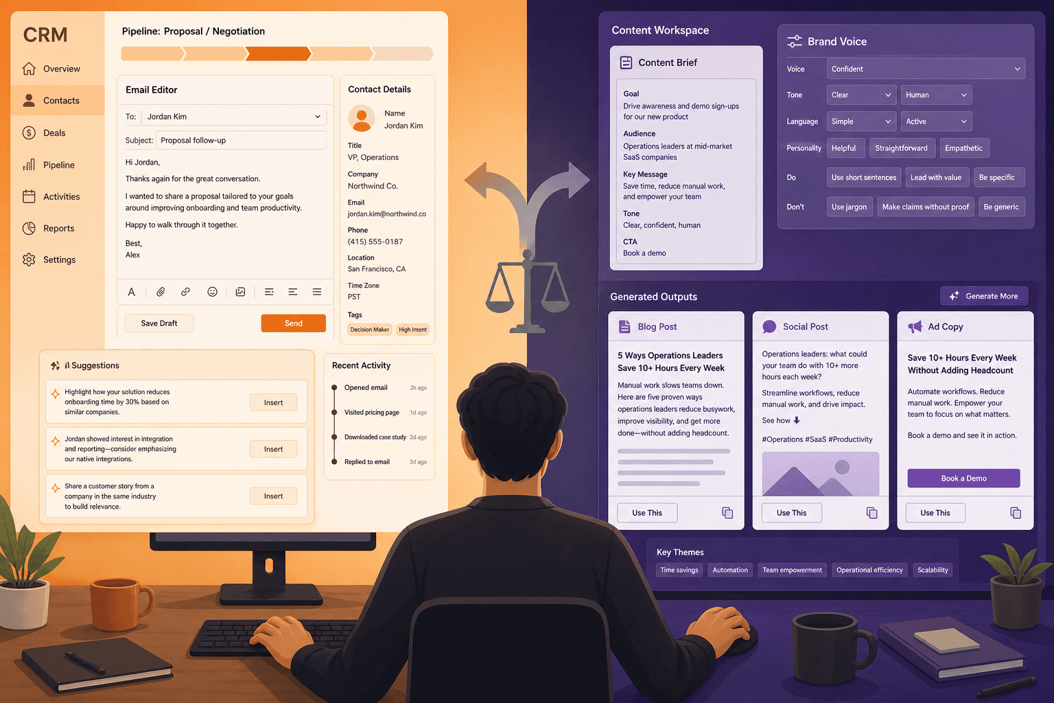 Split-screen editorial illustration contrasting a CRM-integrated content workflow on the left with a dedicated AI content platform workflow on the right, representing the two tool paths available to mid-market marketing teams.